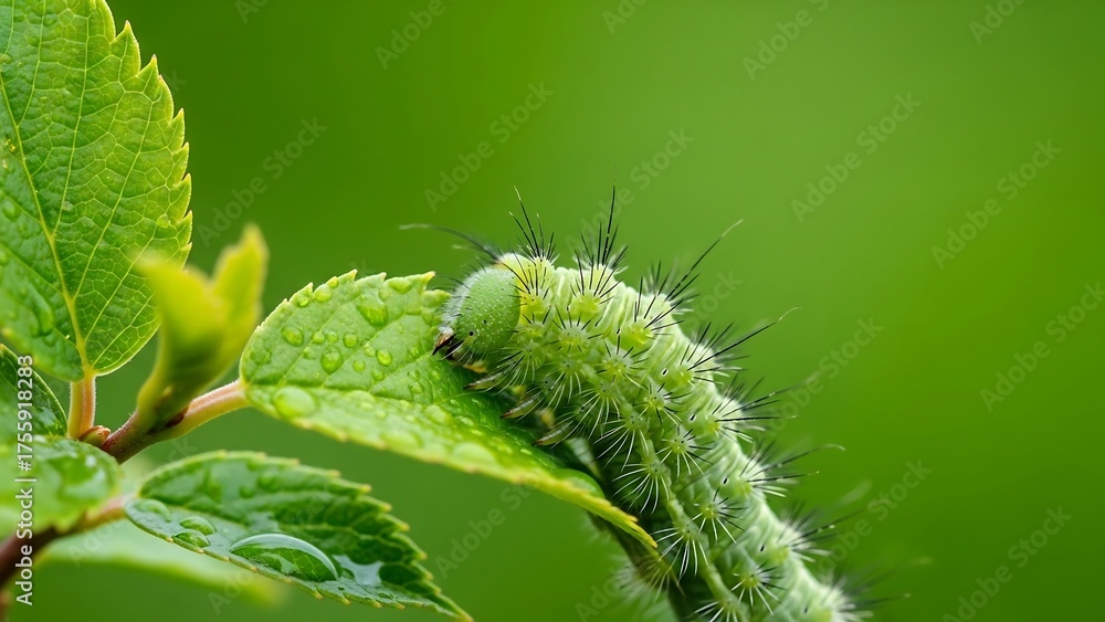 Fototapeta premium Photorealistic macro close-up of caterpillar eating fresh green leaf on branch — cinematic nature insect detail