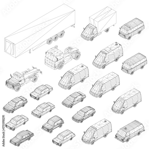 A detailed 3D wireframe model set of a car and truck blueprint on a clean white background, showcasing the vehicles' structural framework and design.