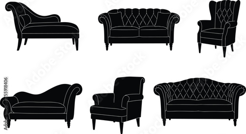 Silhouette vector illustration of classic and modern sofas, armchairs, and chaise lounge with tufted backs for stylish interior furniture design