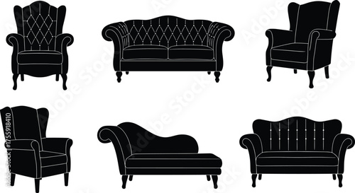 Silhouette vector illustration of classic furniture including sofas, armchairs, chaise lounge, and loveseat with tufted design for interior decoration