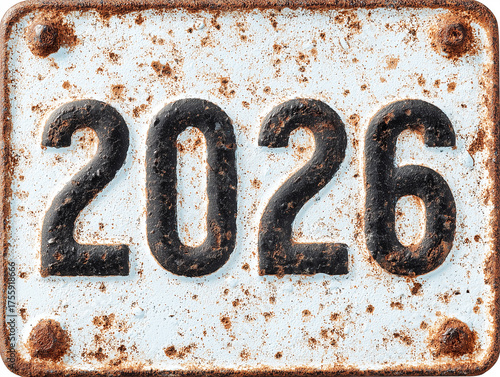 Rusty white license plate with raised black numbers 2026