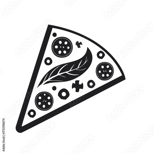 Stylized black and white pizza slice illustration with pepperoni and basil leaf