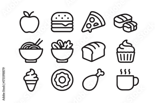 Food icon set with desserts and bakery illustrations