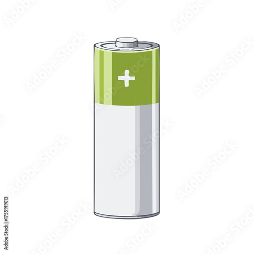 Single alkaline battery illustration with green top and white plus sign indicating power and electricity