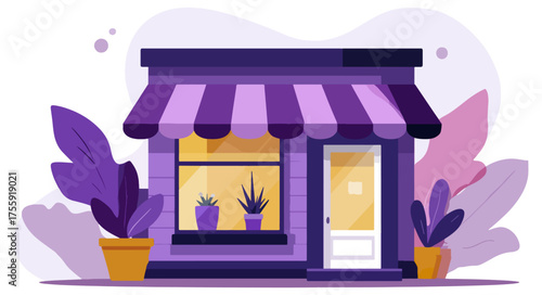 Illustration of a storefront with plants in pots and abstract purple leaves