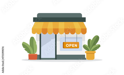 Illustration of shopfront with open sign and potted plants