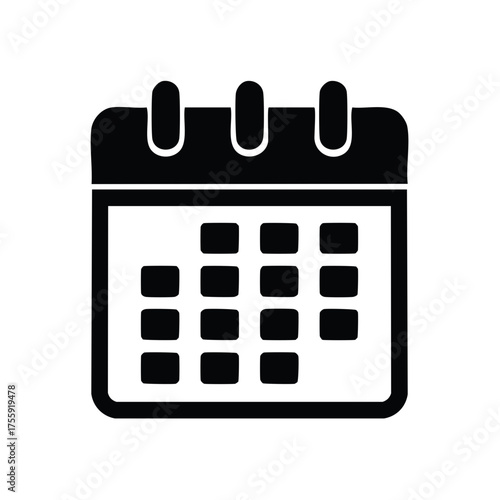 Simple black silhouette icon of a desktop calendar with three spiral bindings at the top