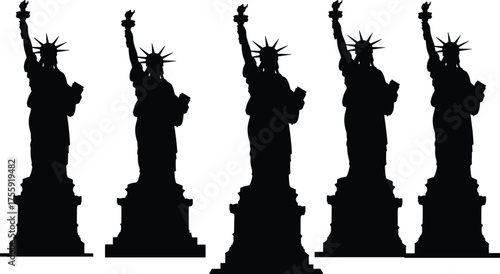Statue of Liberty silhouette vector illustration with multiple iconic monuments, American freedom symbol, New York landmark, patriotic design, cultural heritage