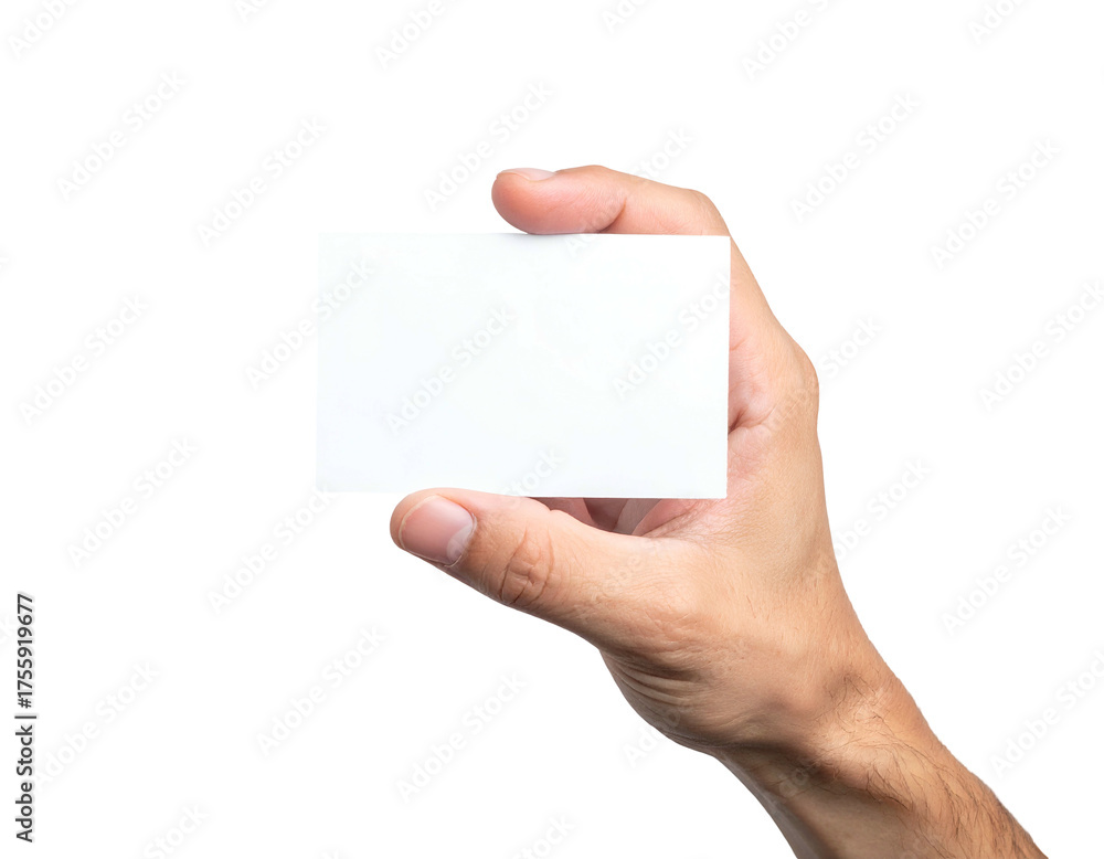 Obraz premium Close-up shows a hand holding a blank white rectangular card against a black background