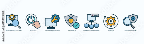 System Pulse Icon Set Isolated Vector With Icon Of Monitoring System, Restart, Troubleshooting, Antivirus, Computer Network, Reboot, Security Scan In Outline Color Style