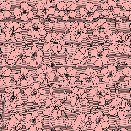 Elegant seamless black lace pattern featuring delicate floral and leaf motifs. Perfect for fabrics, wallpapers, and romantic vintage-style projects.