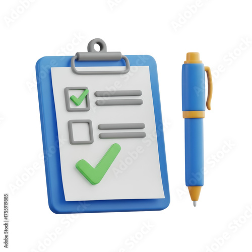 Clipboard Pen Checklist Blue 3D Modern Isolated On Transparent Background