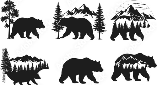 Wild bear silhouettes with forest, mountain, and nature landscape double exposure style vector illustration for wildlife, adventure, outdoor, and travel themes