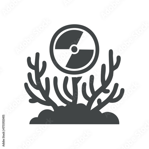 Radioactive waste disposal site with abstract coral shape, nuclear radiation warning emblem, polluting danger symbol