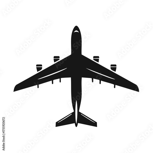 Top-down view of a black commercial jet airplane silhouette, symbolizing global travel and aviation.