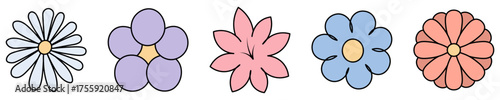 Set of open flower buds. White daisy, purple violet, pink lily, orange gerbera, lush blue bud. Color vector illustration. Isolated white background. Cartoon. Idea for web design.