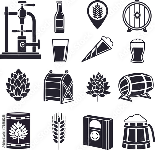beer, brewery, craft-beer, icon, set, glyph, silhouette, alcohol, pub, bar, festival, drink, beverage, cold, fresh, party, celebration, vintage