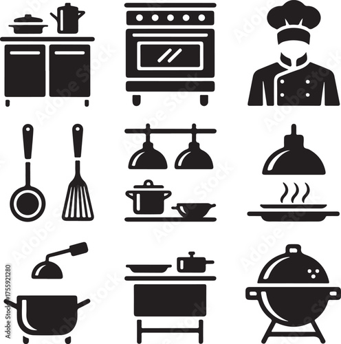 kitchen, restaurant, chef, icon, set, glyph, silhouette, cooking, food, professional, commercial, catering, service, culinary, gastronomy, gourmet, hotel, cafe