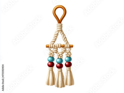 A decorative hanging piece made of natural fibers, featuring colorful beads and tassels, often used for embellishment in home decor.