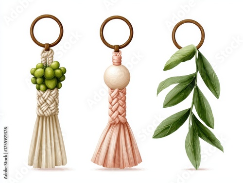 Three decorative keychains featuring braided designs with elements like grapes, a round bead, and leafy greens, showcasing unique craftsmanship.