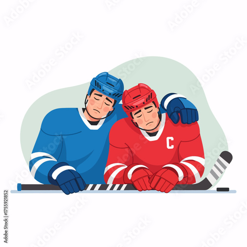 Two weary ice hockey players, wearing blue and red jerseys, lean on each other, embodying sportsmanship and camaraderie after an intense game.