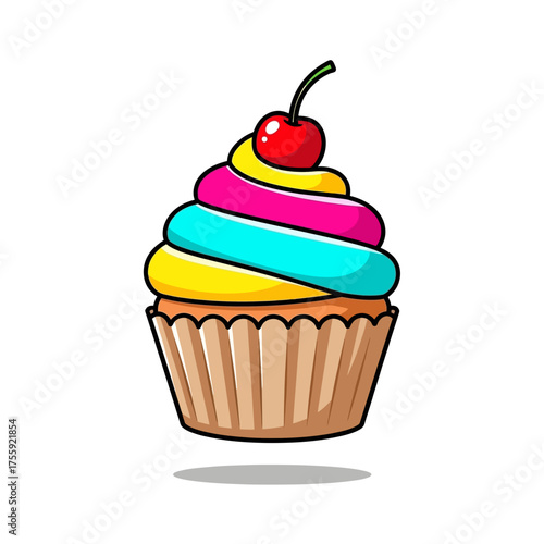 Colorful cupcake with cherry on top, delicious dessert.