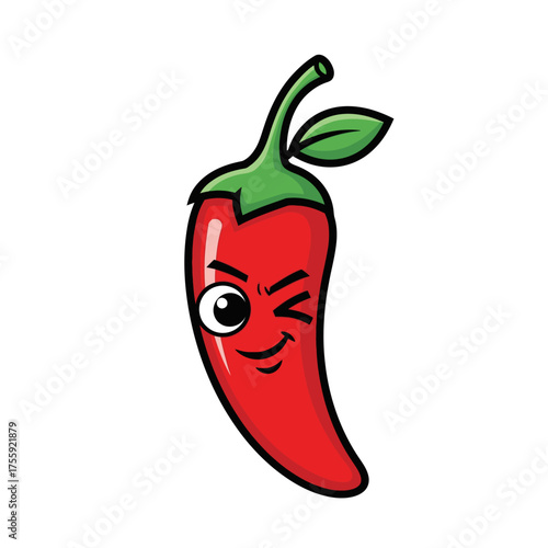 Cartoon red chili pepper with a winking face and green stem.