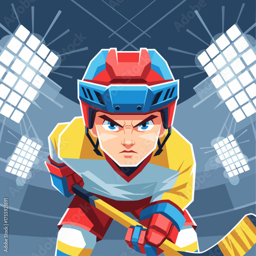 A determined young ice hockey player, fully equipped with stick and helmet, stands prepared on the illuminated rink, radiating intense competitive energy.