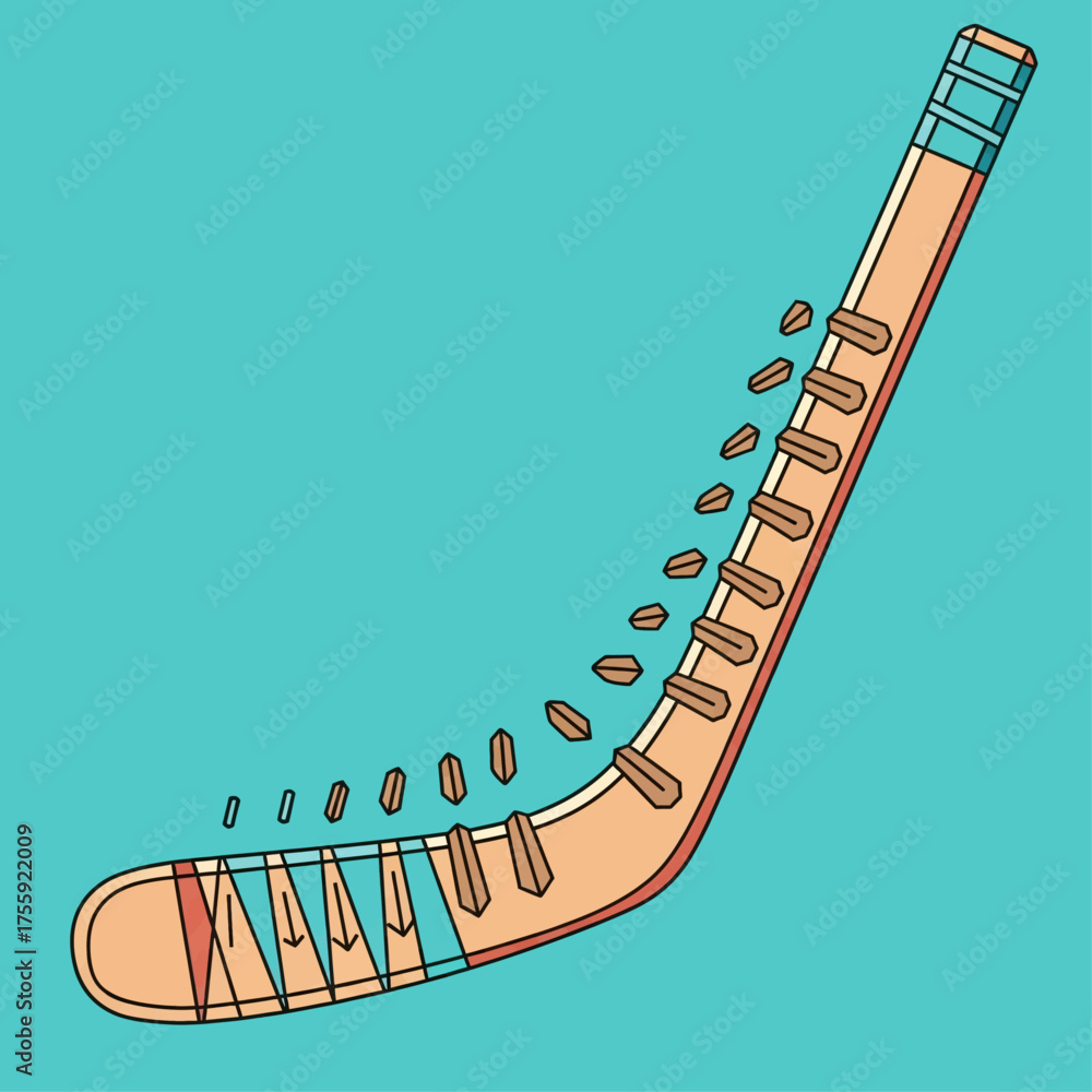 Obraz premium A vibrant vector illustration captures the dynamic motion of a hockey stick launching an ice puck across a teal background, symbolizing speed and precision in winter sports.
