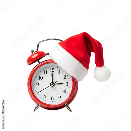 Christmas Time Alarm Clock with Santa Hat Isolated on Transparent Background