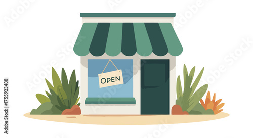 Cartoon storefront illustration with open sign plants green awning and closed door