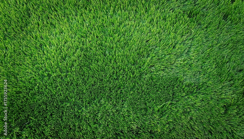 Fototapeta premium Overhead Perspective Of Synthetic Green Grass Texture And Surface Decorative Artificial Turf Suitable For Gardens Sports Fields And Golf Greens Green Background And Wallpaper With Space For Text