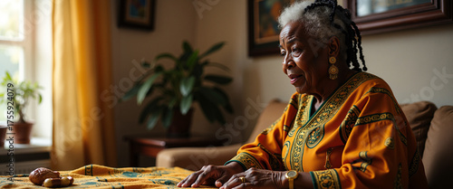 Wallpaper Mural Elderly woman wearing kente cloth sitting at a table in a cozy room   Torontodigital.ca