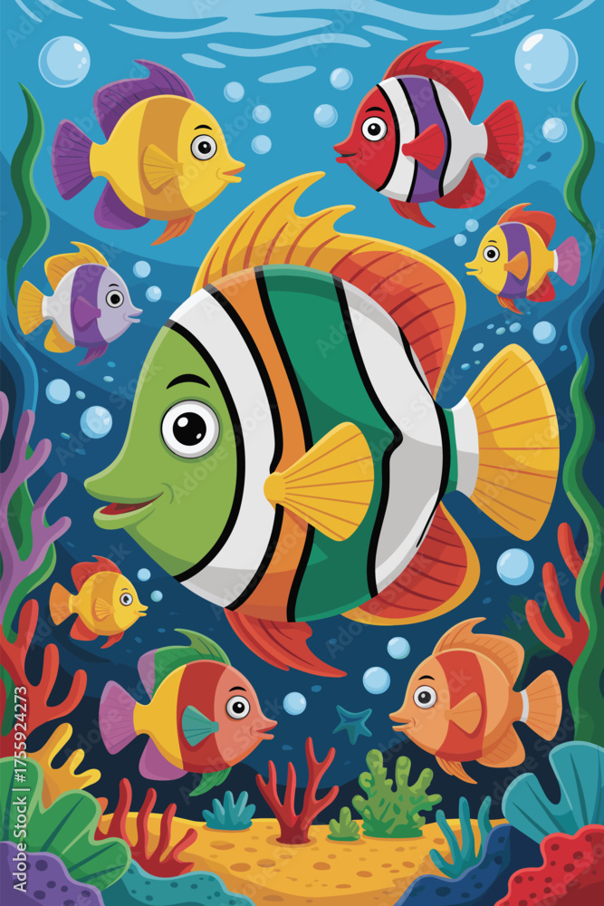 Naklejka premium Colorful Tropical Fish in Underwater Cartoon Scene. Cute Marine Life Illustration for Kids and Posters.