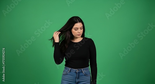 Woman in black long sleeve shirt and jeans posing in front of a green screen touching her hair softly