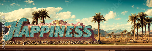 Happiness sign in desert oasis: Retro palm tree scenic display for travel and inspiration