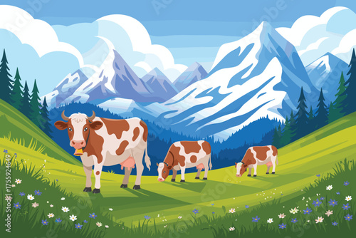 Cows Grazing on Mountain Meadow Scenic Landscape. Alpine Pasture with Cows and Snowy Mountains.