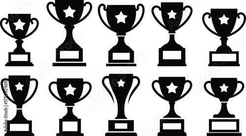 Black Trophy Silhouette Icon Set Vector Illustration. Award and Achievement Trophy Collection in Black.