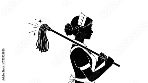 Sleek silhouette of a maid holding a mop ready to clean with sparkling results, ideal for cleaning service promotions, home care ads, or minimalist design projects, clean and modern aesthetic