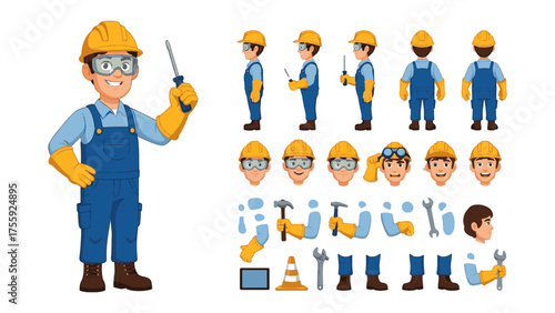 Cartoon construction worker character design set featuring various poses, expressions, and tools for animation or creative construction projects with a friendly and approachable style