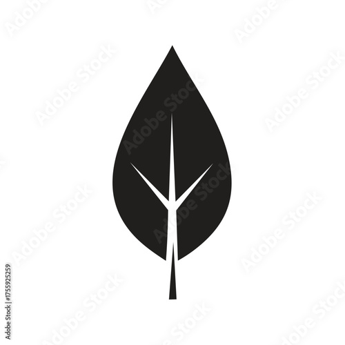 Simple minimalist black leaf icon representing nature and botany