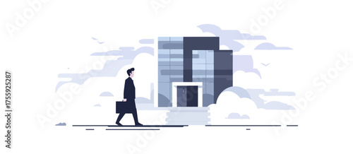 Business person walking towards office building illustration
