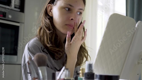 Portrait of a teenage girl carefully applying foundation and concealer. Close-up showing beauty routine and self-care, highlighting her stylish and neat appearance.