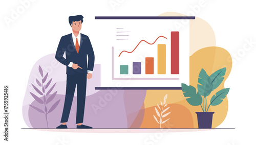 Business presentation man in suit explaining financial chart