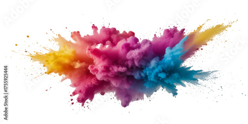 Vector watercolor rainbow multicolor splatter design background. Multicolored rainbow explosion of cloud powder paint decoration isolated on transparent background.