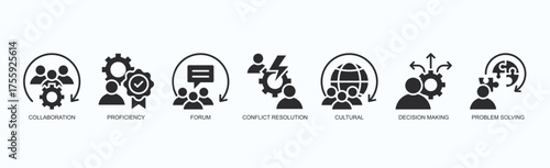 Effective Teamwork Icon Set Isolated Vector With Icon Of Collaboration, Proficiency, Forum, Conflict Resolution, Cultural, Decision Making, Problem Solving In Black Style