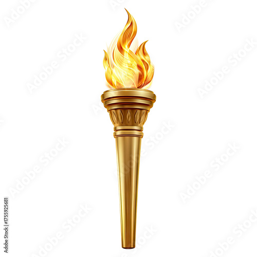 Golden olympic torch with bright flames burning brightly isolated on transparent background