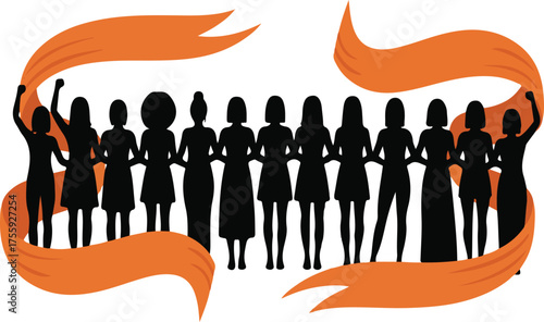 Diverse Group of Women Silhouettes Stand United Behind Orange Ribbon female diversity