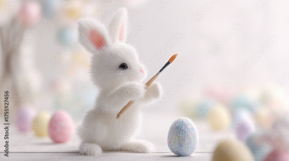 Fototapeta premium Adorable Easter scene with bunny painting egg in pastel shades, capturing warmth, innocence, and celebration.