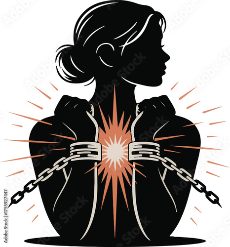 Silhouette of Woman Breaking Free from Chains with Radiant Light Burst Keywords: woman, silhouette